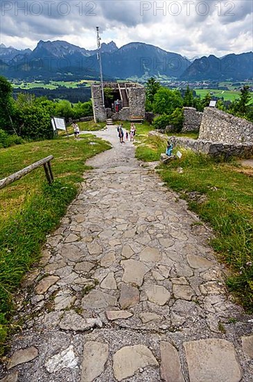 View of the Alps with Aggenstein and Breitenberg in the middle, Eisenberg castle ruins near Pfronten
