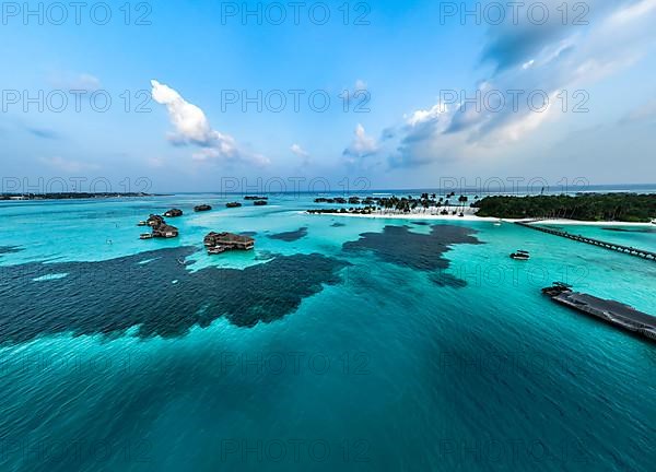 Aerial view, Gili Lankanfushi with water bungalows