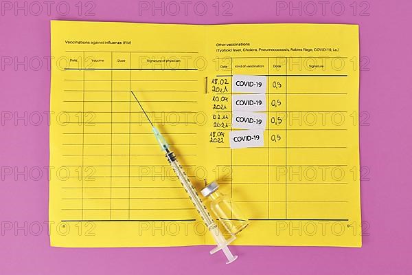 Concept for Corona virus booster vaccination showing vaccine passport with 4 entries,