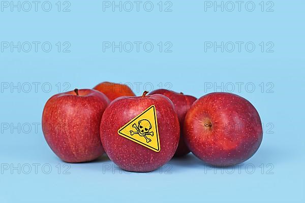 Red apples with poison skull symbol sticker on blue background. Concept of pesticide residues in agricultural food,