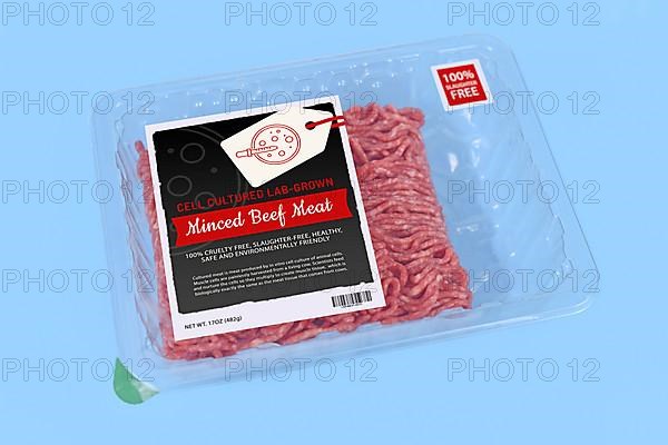 Cell cultured lab grown meat concept for artificial in vitro production with packed raw minced meat with made up labe,