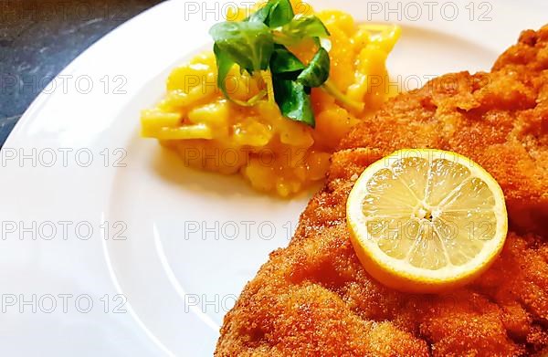 Delicious golden-brown fried Wiener Schnitzel with potato salad and a slice of lemon on a white plate,