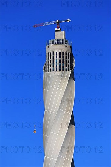 Test tower for lifts in Rottweil under a cloudless blue sky. Rottweil, Freiburg