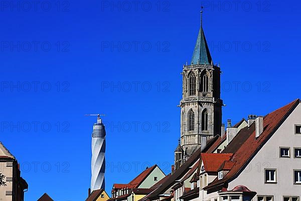 Test tower for lifts in Rottweil under a cloudless blue sky. Rottweil, Freiburg