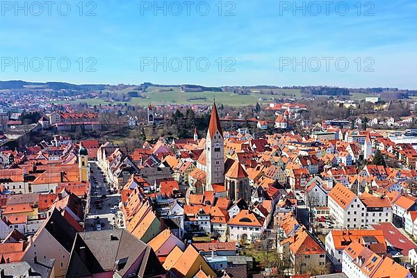 Aerial view of Kaufbeuren in fine weather. Kaufbeuren from above. Kaufbeuren, Swabia