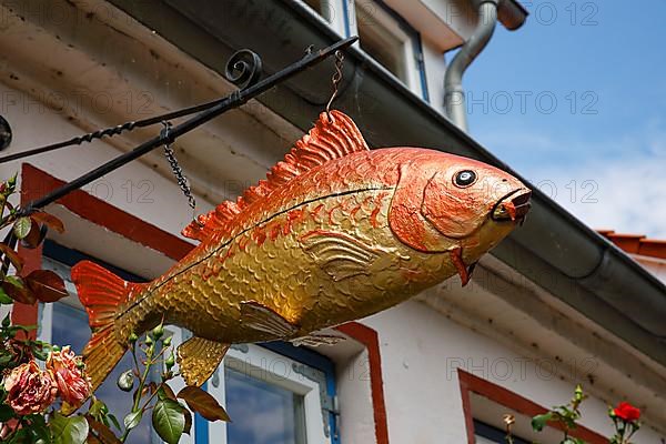 Fish sculpture on an old fisherman's house, Historic fishing village Holm