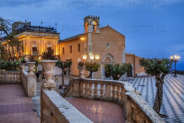 Belvedere Piazza IX Aprile with exChurch di Sant Agostino at dusk, Taormina