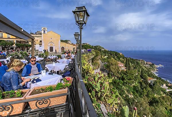 Street cafe in Piazza IX Aprile Belvedere with sea view, Taormina