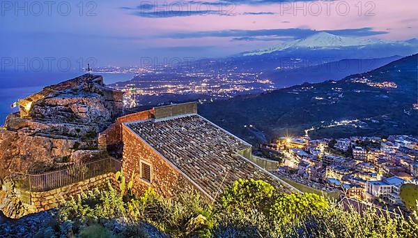 Chapel Madonna della Rocca above the village with Etna 3357m at dusk, Taormina