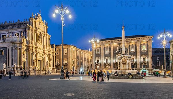 Cathedral square with cathedral and elephant fountain in the old town at dusk, Catania