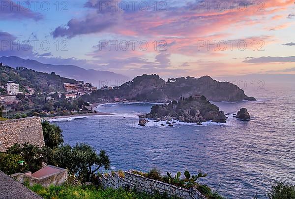 Coastal landscape with Isola Bella at dawn, Taormina