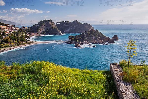 Coastal landscape with Isola Bella in spring, Taormina