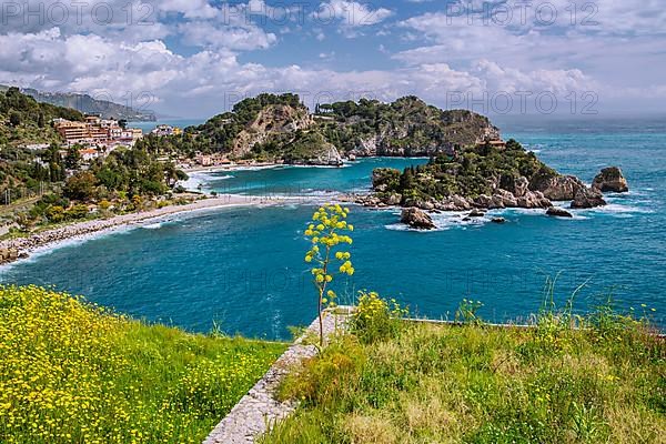 Coastal landscape with Isola Bella in spring, Taormina