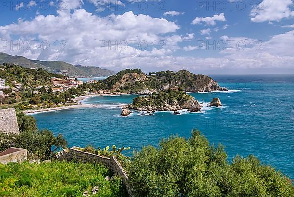 Coastal landscape with Isola Bella in spring, Taormina