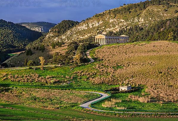 Spring landscape with the temple of Segesta in early morning sun, Calatafimi