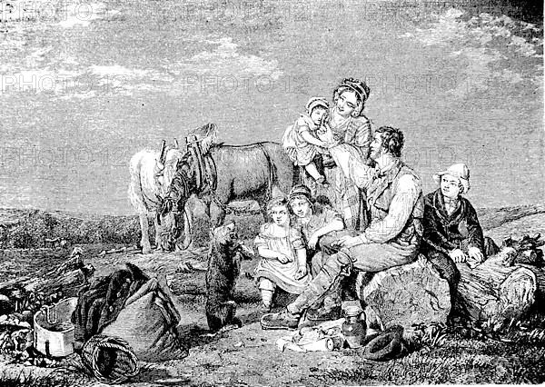 American peasant family having breakfast break in the field, America