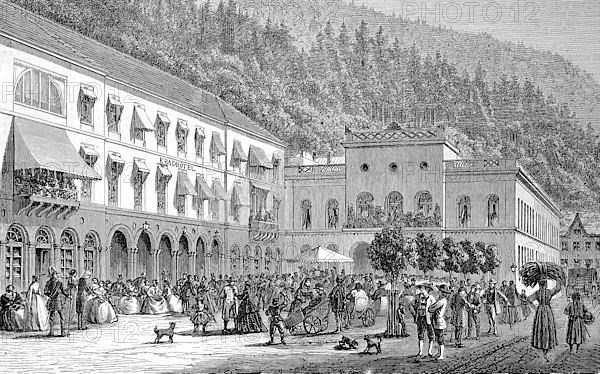 The spa town of Wildbad with the bathhouse and the spa hotel,1890