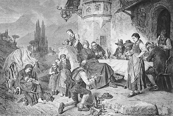 Historical illustration of a travelling merchant with crosses, crucifixes