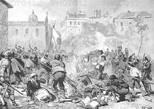 Historical illustration of the 1893 uprising in Sicily. Destruction of the tax office in Monreale, Italy