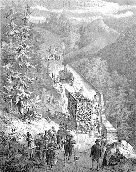 Historical illustration showing the transport of the parts of a large cross on a mountain pass in the Bavarian Alps near Ettal, Bavaria