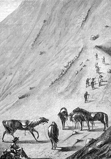 Historical illustration of the last horse station on the volcano Vesuvius, Naples