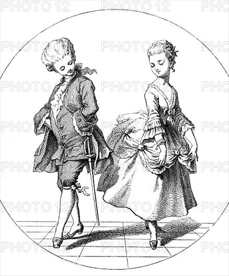 Historical illustration of a couple dancing the pas-de-deux, a dance duet in which two dancers dance