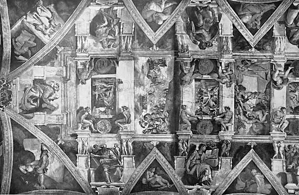 Historic painting from 1880, A section of the ceiling of the Sistine Chapel