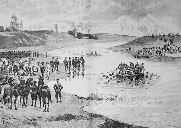 Historical illustration of the Russian manoeuvre 1882, crossing of the river Moskva near Moscow