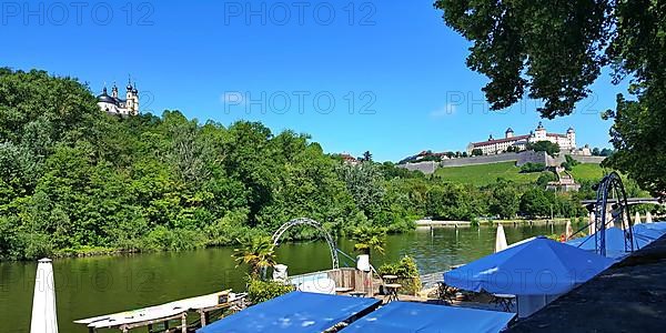 View over the beach of Wuerzburg to the Kaeppele and the fortress Marienberg. Lower Franconia, Franconia