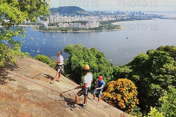 Climbers practising on Sugar Loaf Mountain, Pao de Acucar