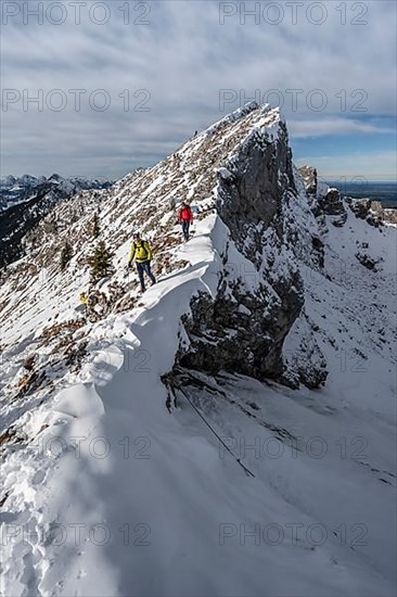 Two mountaineers on a narrow snowy rocky ridge, Fensterl on the hiking trail to Ammergauer Hochplatte