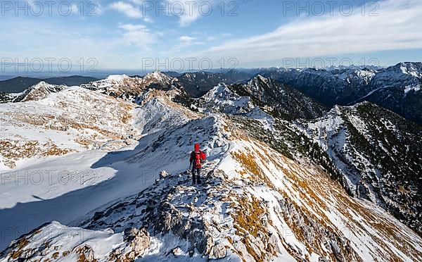 Climbers on the narrow rocky snowy ridge of the Ammergauer Hochplatte, view towards Loesertaljoch