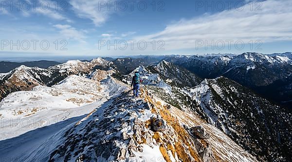 Mountaineer on the narrow rocky snowy ridge of the Ammergauer Hochplatte, view towards Loesertaljoch