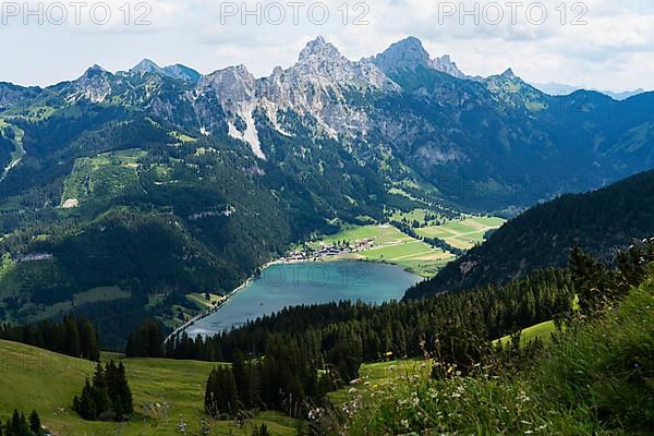 View from Neunerkoepfle to Haldensee and mountains, Tannheimer Tal