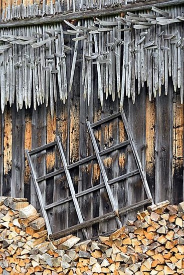 Shed wall with suspended hay riders,