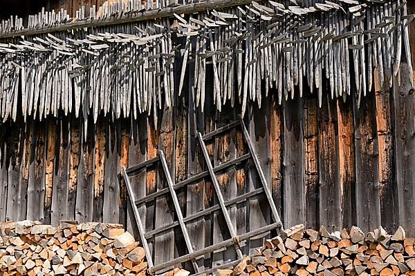 Shed wall with suspended hay riders,