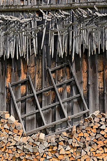 Shed wall with suspended hay riders,