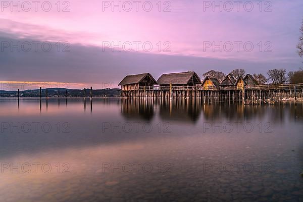 Lake Dwellings Museum at the Blue Hour in Unteruhldingen on Lake Constance, Germany