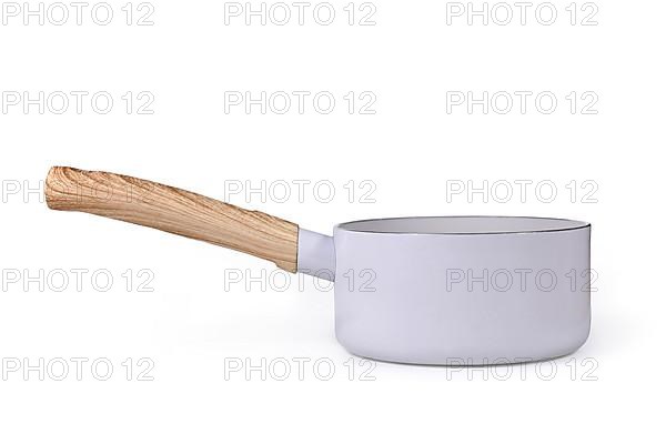 Gray cooking pot with wooden handle on white background,