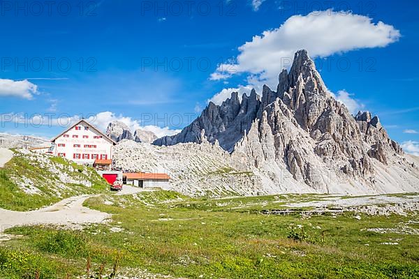 Mountain hut Dreizinnenhuette with Paternkofel rock massif, Dolomites
