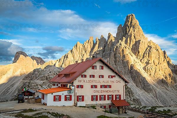 Mountain hut Dreizinnenhuette with Paternkofel rock massif, Dolomites