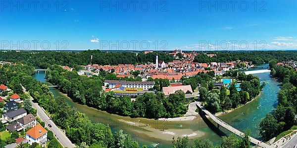 Aerial view of Landsberg am Lech with a view of the river Lech. Upper Bavaria, Bavaria