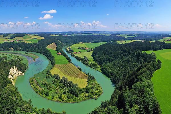 Aerial view of the river loop on the Iller near Altusried. A dreamlike landscape in the foothills of the Alps. Altusried, Upper Allgaeu