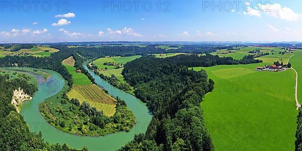Aerial view of the river loop on the Iller near Altusried. A dreamlike landscape in the foothills of the Alps. Altusried, Upper Allgaeu