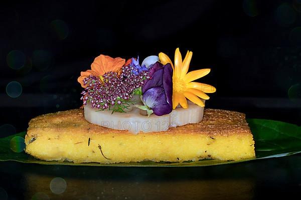 Fried polenta slice with a slice of lotus root and meadow flowers as decoration on an avocado leaf, foddfotography with black background