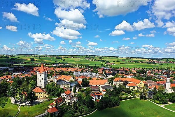 Aerial view of Haag in Upper Bavaria with the castle tower from the castle in fine weather. Haag in Upper Bavaria Upper Bavaria, Bavaria