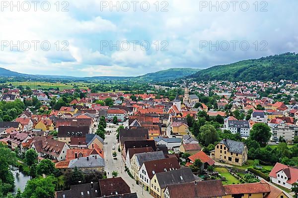 Aerial view of Ebermannstadt in cloudy weather. Forchheim, Upper Franconia