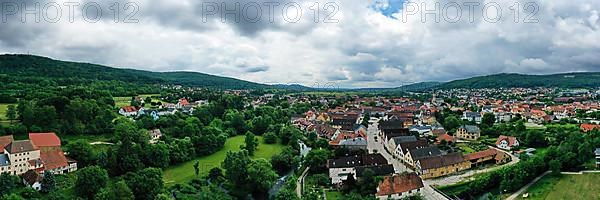 Aerial view of Ebermannstadt in cloudy weather. Forchheim, Upper Franconia