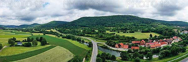 Aerial view of Ebermannstadt in cloudy weather. Forchheim, Upper Franconia