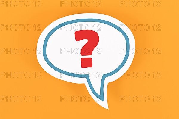 White speech bubble with question mark on yellow background,